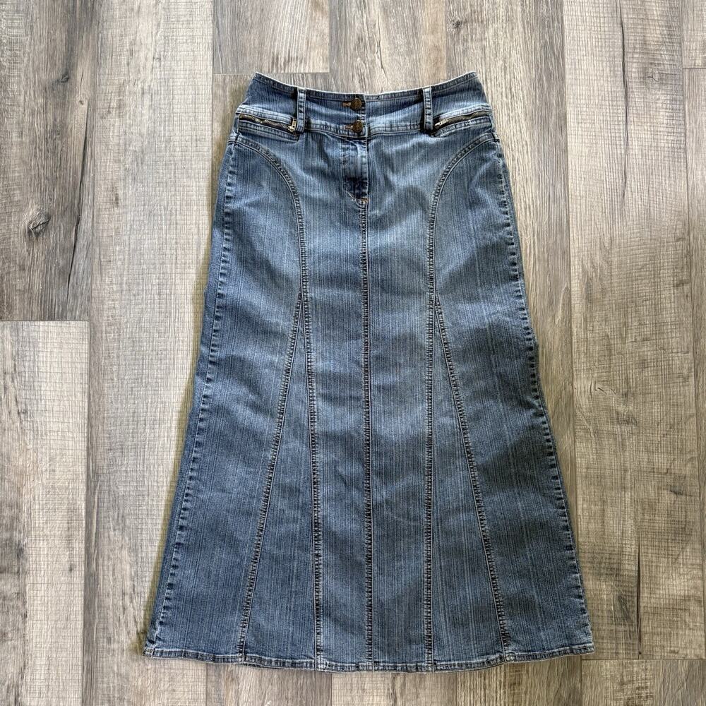 Vtg Denim Maxi Skirt Blue Cotton Long Modest Western Sz 2 Low Rise Western Boho